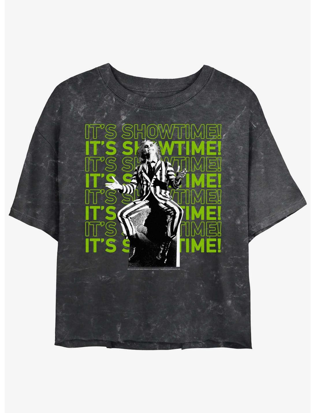 Beetlejuice It's Showtime Repeating Text Girls Mineral Wash Crop T-Shirt