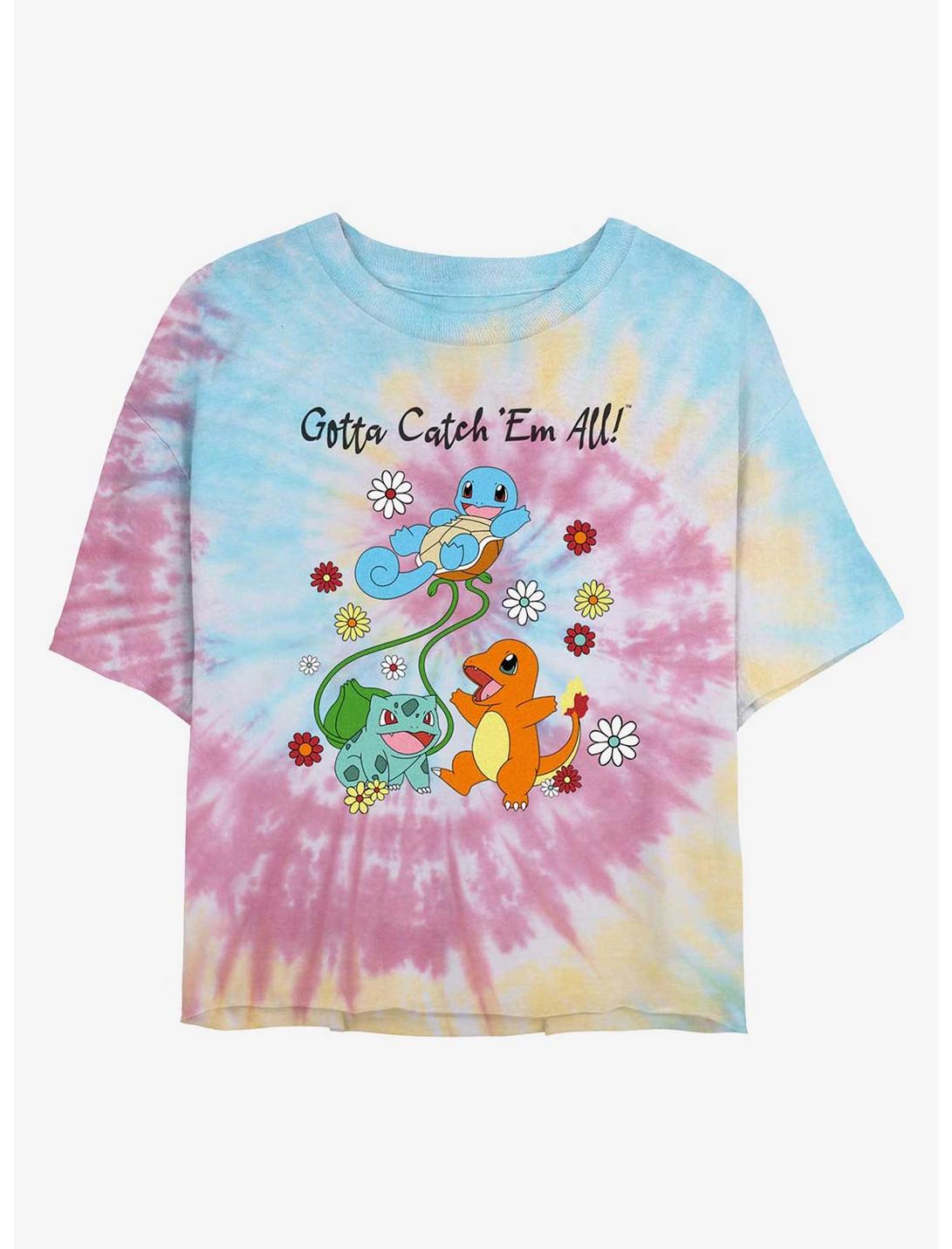 Pokemon Catch Em All Flowers Girls Tie-Dye Crop T-Shirt