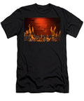 A Flaming Hot Barbecue Grill Against a Wooden Wall Brian Enright T-Shirt