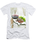 A Glass of Red Wine in Front of a Grilled Beef Steak with Salad Myles New T-Shirt