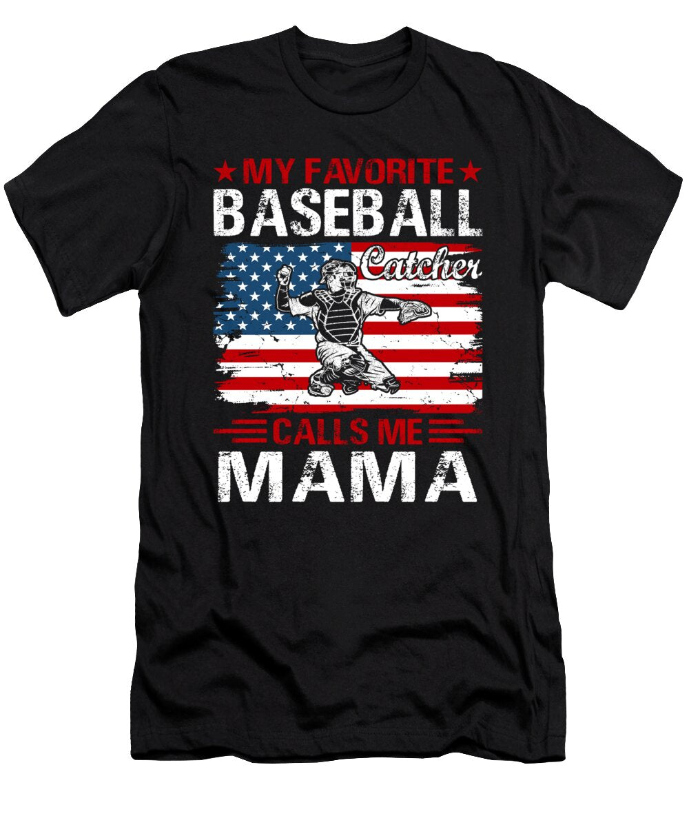 My Favorite Baseball Catcher Calls Me Mama Baseball USA Flag Dhbubble T-Shirt