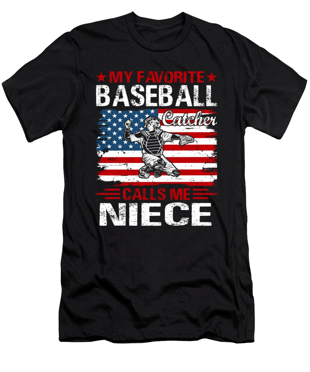 My Favorite Baseball Catcher Calls Me Niece Baseball USA Flag Dhbubble T-Shirt