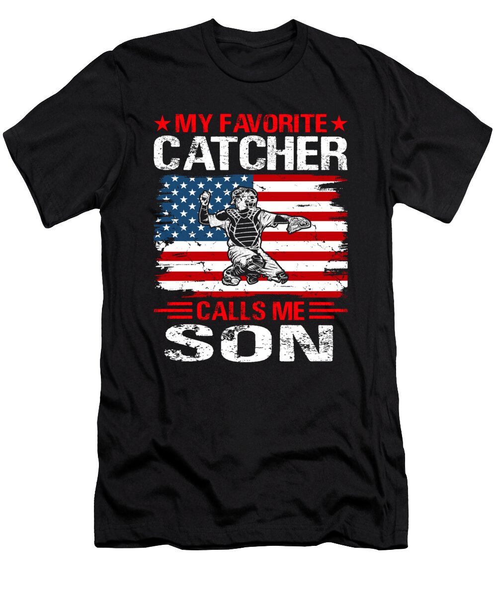 My Favorite Catcher Calls Me Son Baseball USA Flag Dhbubble T-Shirt