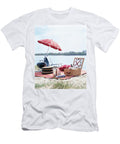 Picnic Accessories Picnic Basket and Umbrella Laid on Picnic Blanket At Lake Jalag Andr Reuter T-Shirt