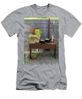Potted Herbs and Bowls on Rustic Metal Side Table Against Wooden Fence on Gravel Floor Outdiirs Peter Carlsson T-Shirt