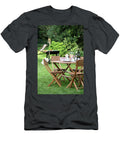 Set Table in Garden with Chairs Barbecue in Background Simon Scarboro T-Shirt