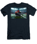 Tampa Bay Buccaneers Football Helmet on Rainy Field Kevin Walker and Pixel Reverie T-Shirt