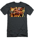 Three Chicken Legs in Bbq Sauce Cooking on a Flaming Grill Brian Enright T-Shirt